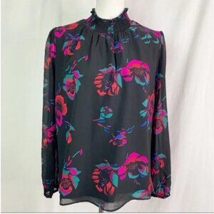 Womens J.Crew Black and Hot Pink Floral Smocked Neck Blouse, XXS